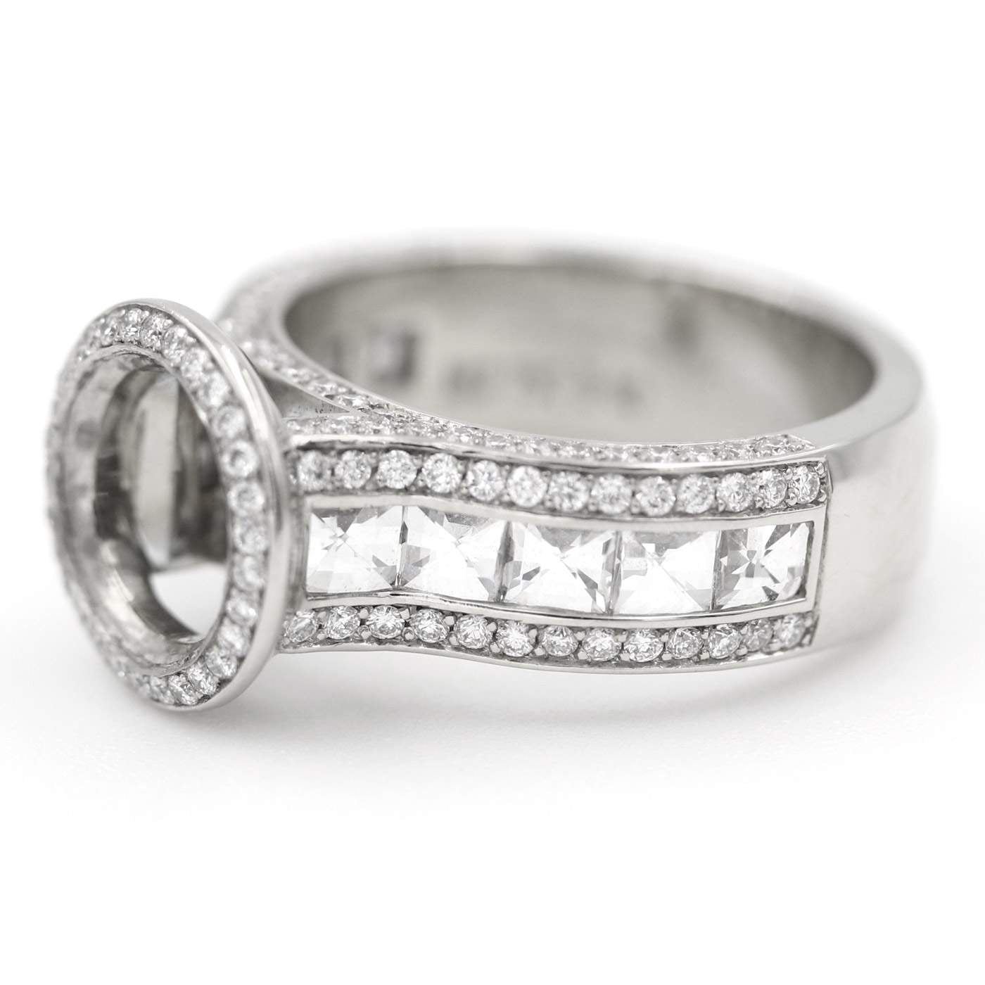 18kt White Gold Diamond Halo Semi-Mount Engagement Ring Setting with Blaze Cut Shank