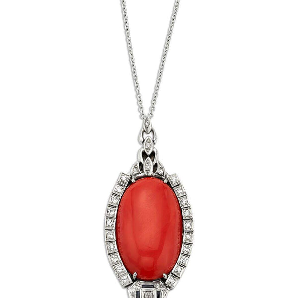 14kt White Gold Oval Coral, Diamond & Blue Sapphire Vintage Style Pendant