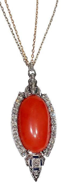 14kt White Gold Oval Coral, Diamond & Blue Sapphire Vintage Style Pendant