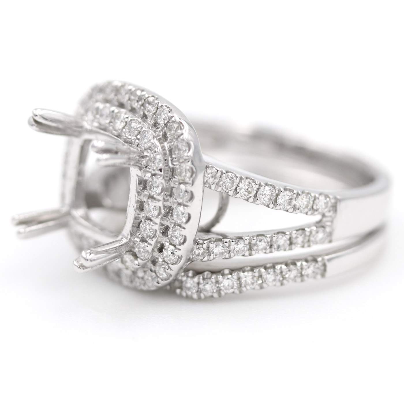 18kt White Gold Double Halo Split Shank Diamond Semi-Mount Ring Setting
