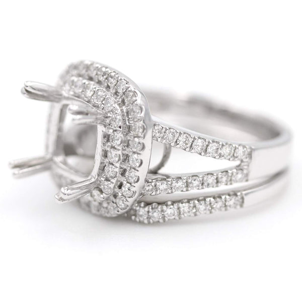 18K White Gold Double Halo Split ~.97Ctw Diamond Shoulder Semi-Mount Set, No Center stone