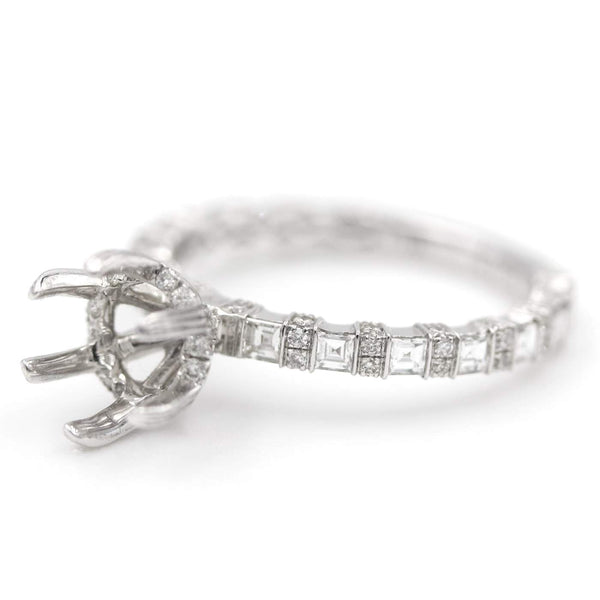 14K White Gold Alternating Square And Round ~.75Ctw,  Diamonds On Shank Semi-Mount, No center stone