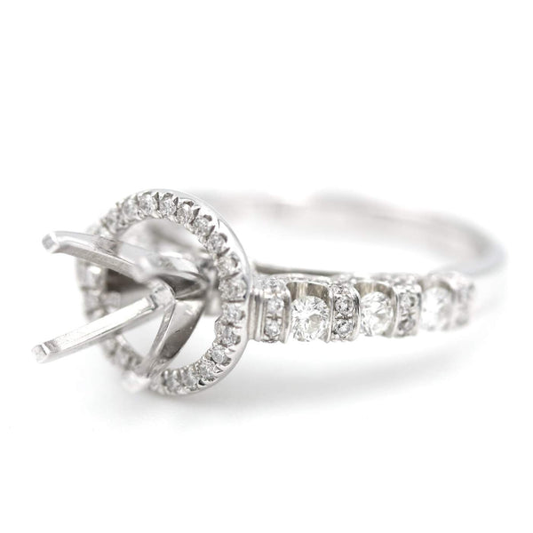 14kt White Gold Diamond Halo Semi-Mount Ring Setting with Fancy Bar Set Shank
