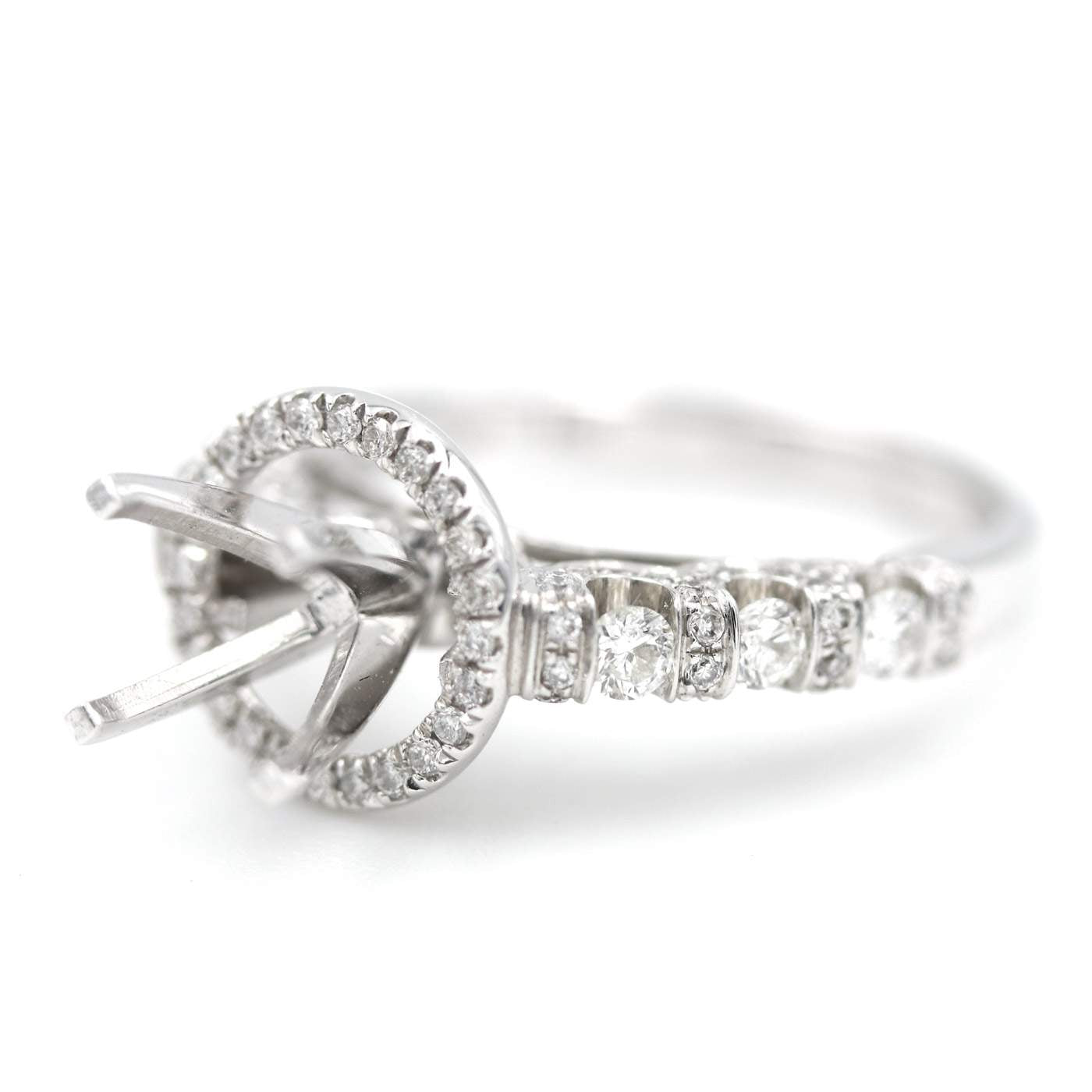 14kt White Gold Diamond Halo Semi-Mount Ring Setting with Fancy Bar Set Shank
