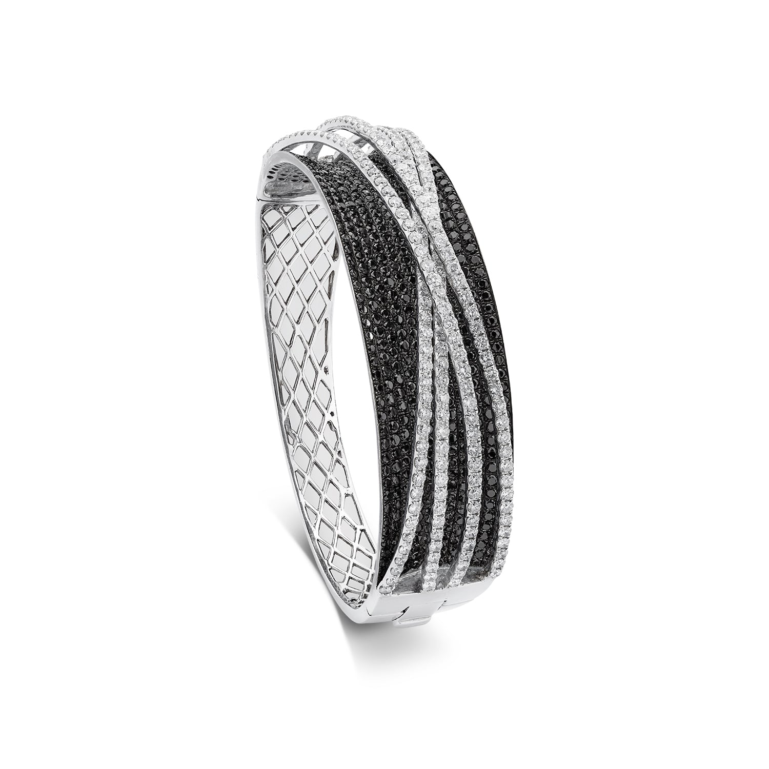 14kt White Gold Black & White Diamond Crossover Bangle Bracelet