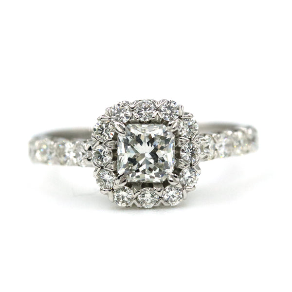 14K White Gold Princess Cut Halo ~.92Ctw (H/VS1 ) With 28D=~1.00Ctw Diamond Engagement Ring