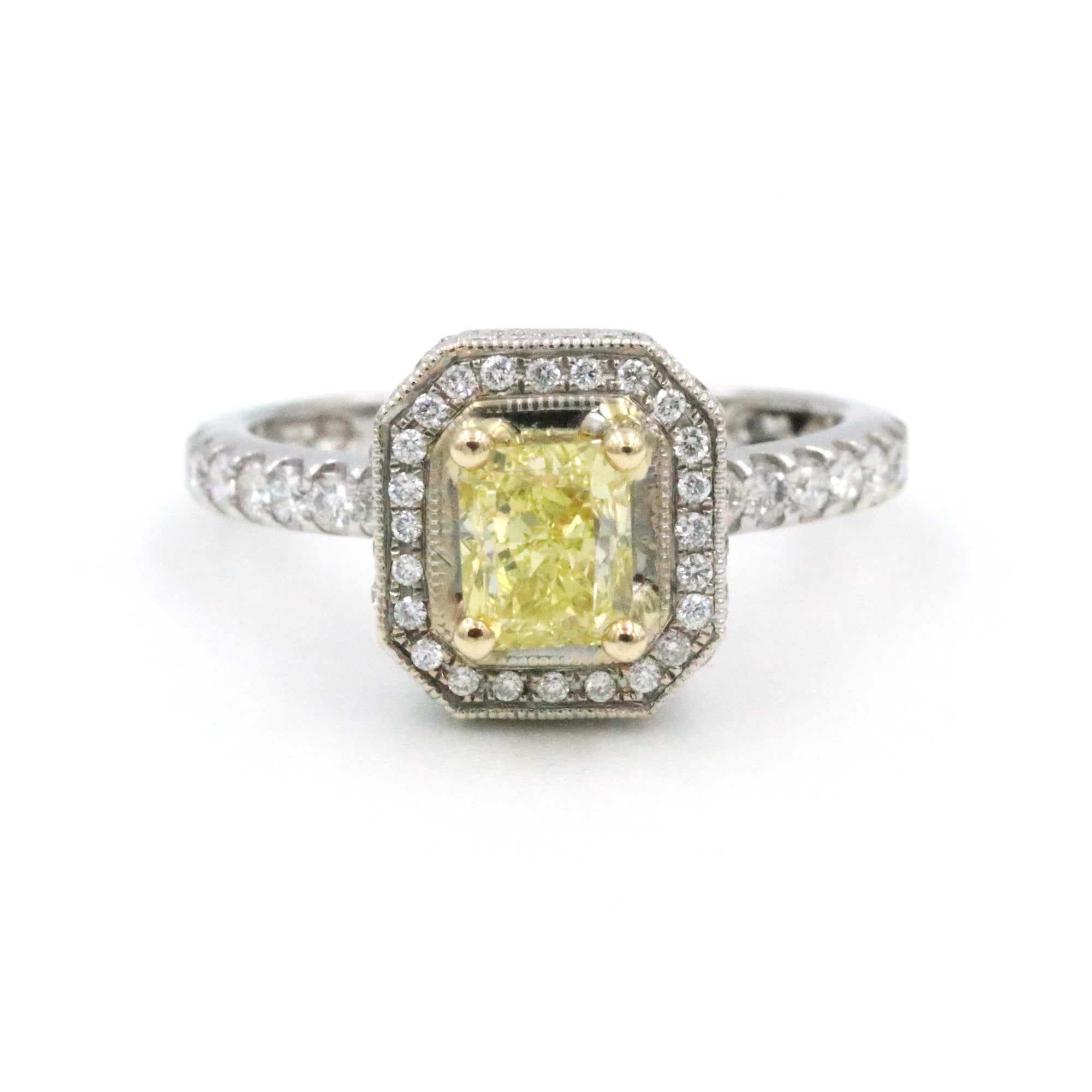 14Karat White Gold Diamond Halo 94D=~1.00ctw, Radiant Cut Center 1D=1.04Ct Fancy Intense Yellow VS1 GIA Provident Jewelery