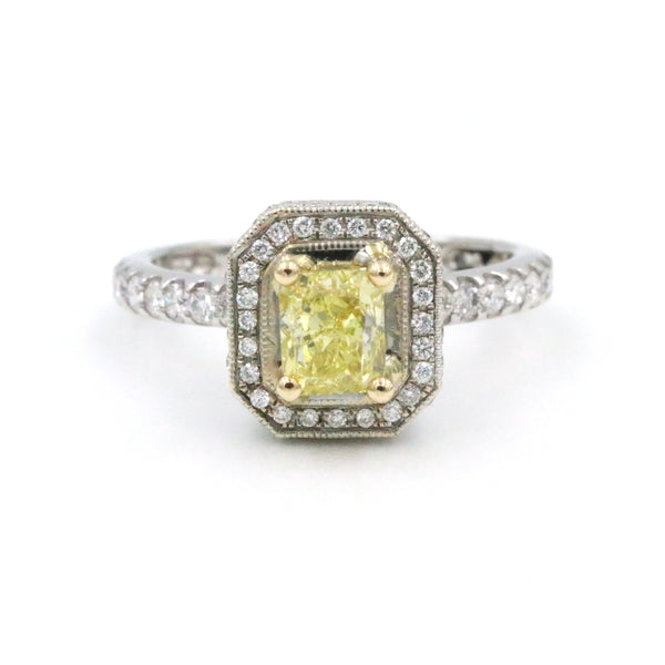 14Karat White Gold Diamond Halo 94D=~1.00ctw, Radiant Cut Center 1D=1.04Ct Fancy Intense Yellow VS1 GIA Provident Jewelery