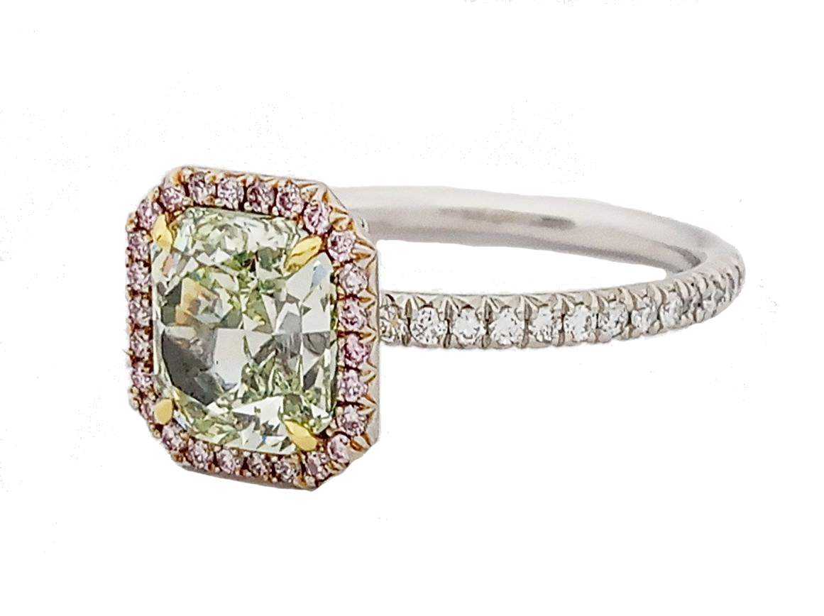 Platinum & 18kt Yellow Gold Fancy Yellow Green Radiant Cut Diamond Halo Ring