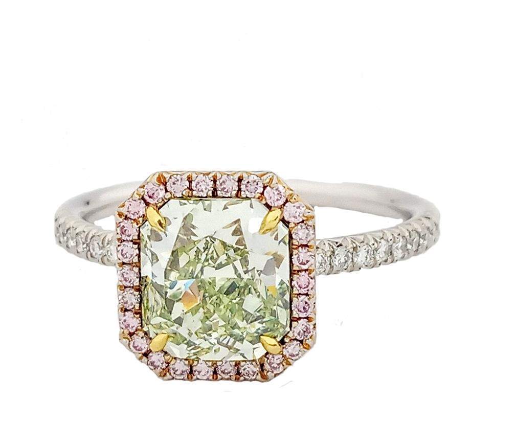 Platinum & 18kt Yellow Gold Fancy Yellow Green Radiant Cut Diamond Halo Ring