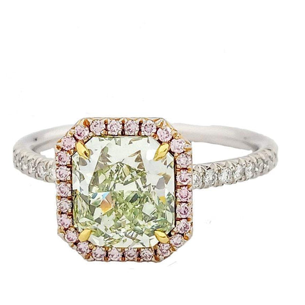 Platinum & 18kt Yellow Gold Fancy Yellow Green Radiant Cut Diamond Halo Ring