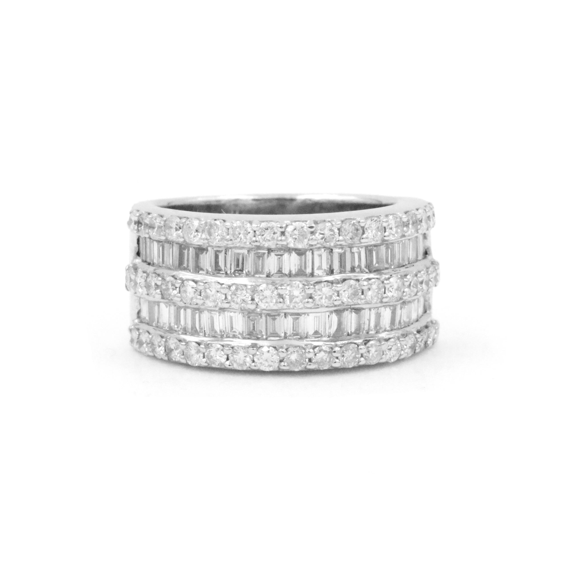 14kt White Gold Multi-Row Baguette & Round Diamond Fashion Ring