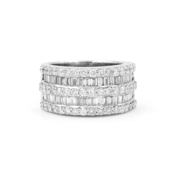 14kt White Gold Multi-Row Baguette & Round Diamond Fashion Ring