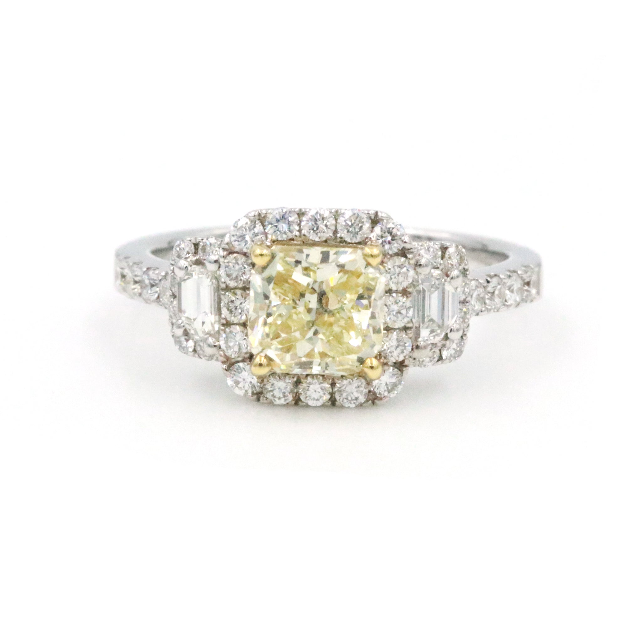 18K White And Yellow Gold Light Yellow Diamond Radiant Cut Ring  LY=1.51Ct VS2, 2 Trapezoids=~.25Ctw 36D=~.50Ctw Provident Jewelery