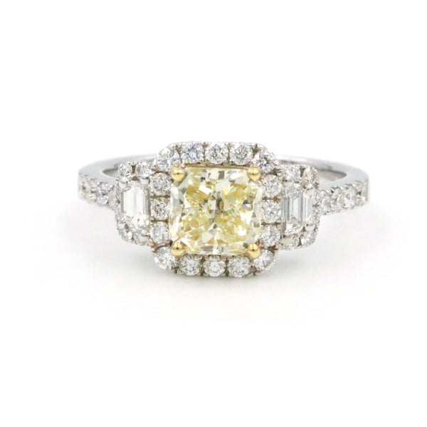 18K White And Yellow Gold Light Yellow Diamond Radiant Cut Ring  LY=1.51Ct VS2, 2 Trapezoids=~.25Ctw 36D=~.50Ctw Provident Jewelery