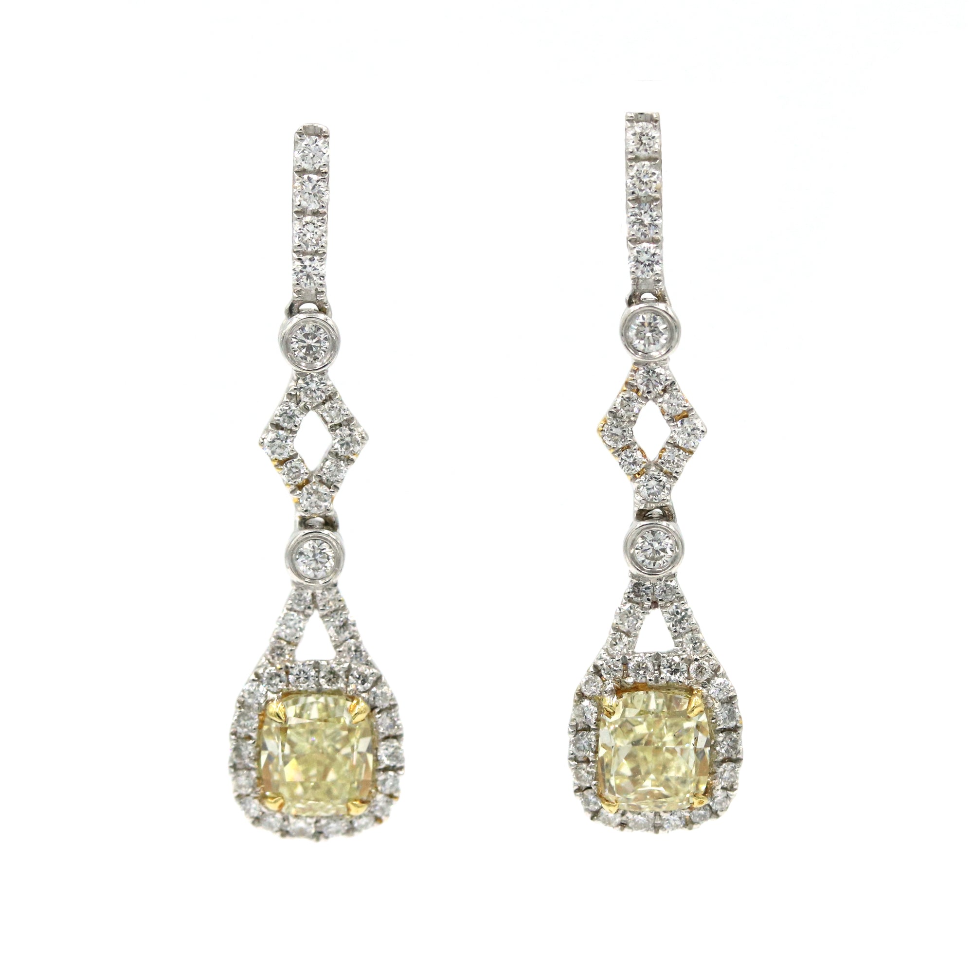 18K White And Yellow Gold Fancy Yellow Diamond Cushion Cut Drop Earrings 2D=1.01Ctw FY/VS ,76D=~.75Ctw Provident Jewelery