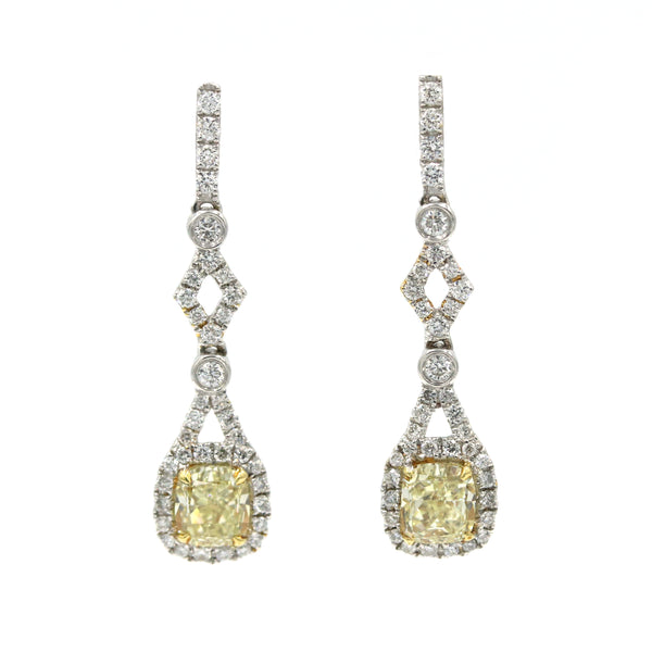 18K White And Yellow Gold Fancy Yellow Diamond Cushion Cut Drop Earrings 2D=1.01Ctw FY/VS ,76D=~.75Ctw Provident Jewelery