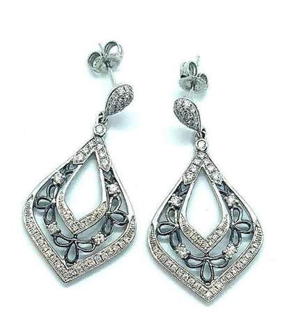 14K White Gold Black Rhodium And ~1.00Ctw Diamond Dangle Earrings