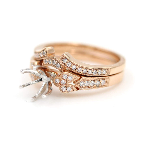 14K Rose Gold  0.24ctw Diamond Semi Mounting And Band, Bridal Set,