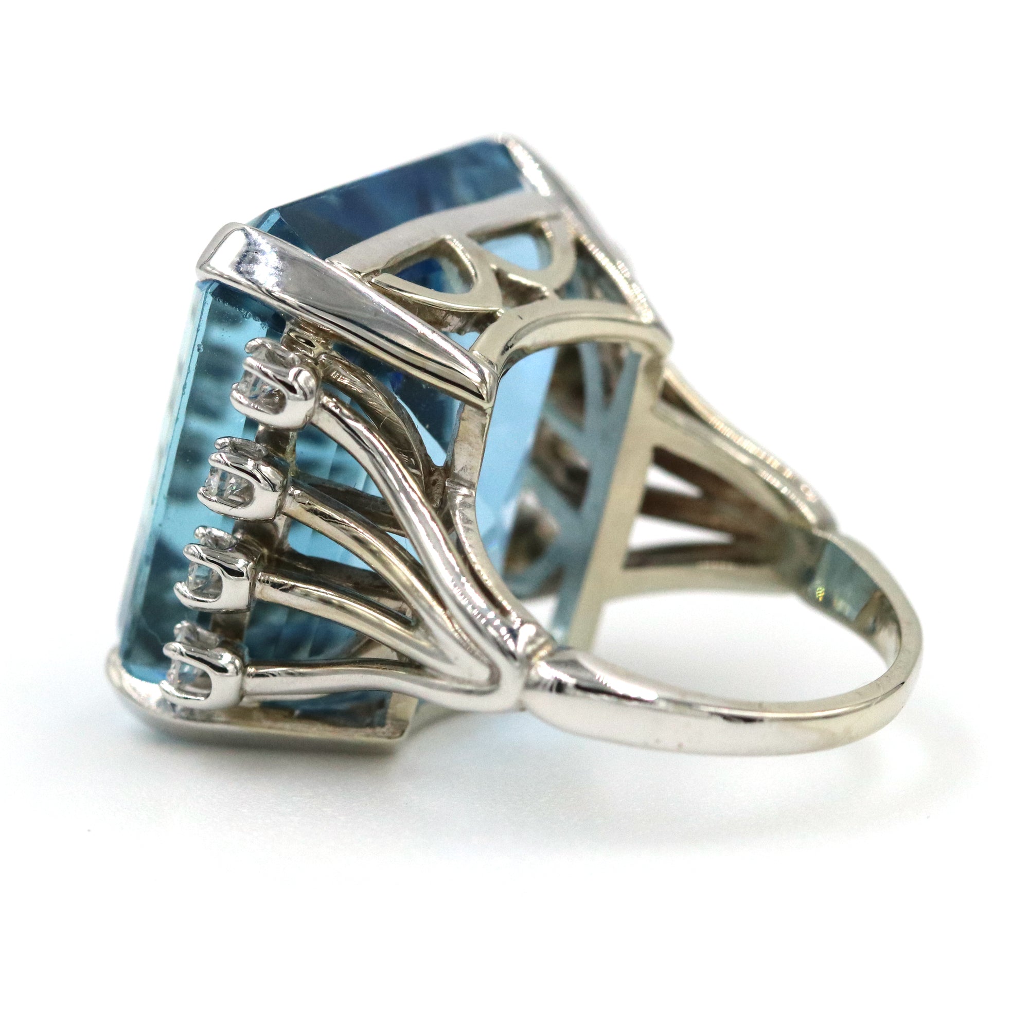 14K White Gold Emerald Cut Aquamarine and Diamond Ring