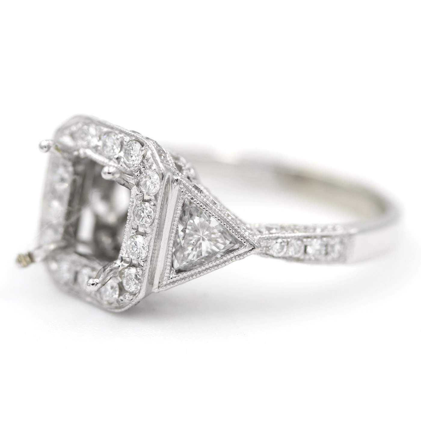 18K White Gold Emerald Cut Diamond Semi-Mount Engagement Ring
