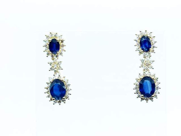 18K  Yellow Gold  ~3.00Ctw Sapphire And ~.75Ctw Diamond Drop Earrings