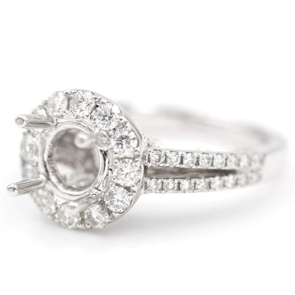 18K White Gold Split Shank Halo Diamond Semi-Mount Ring