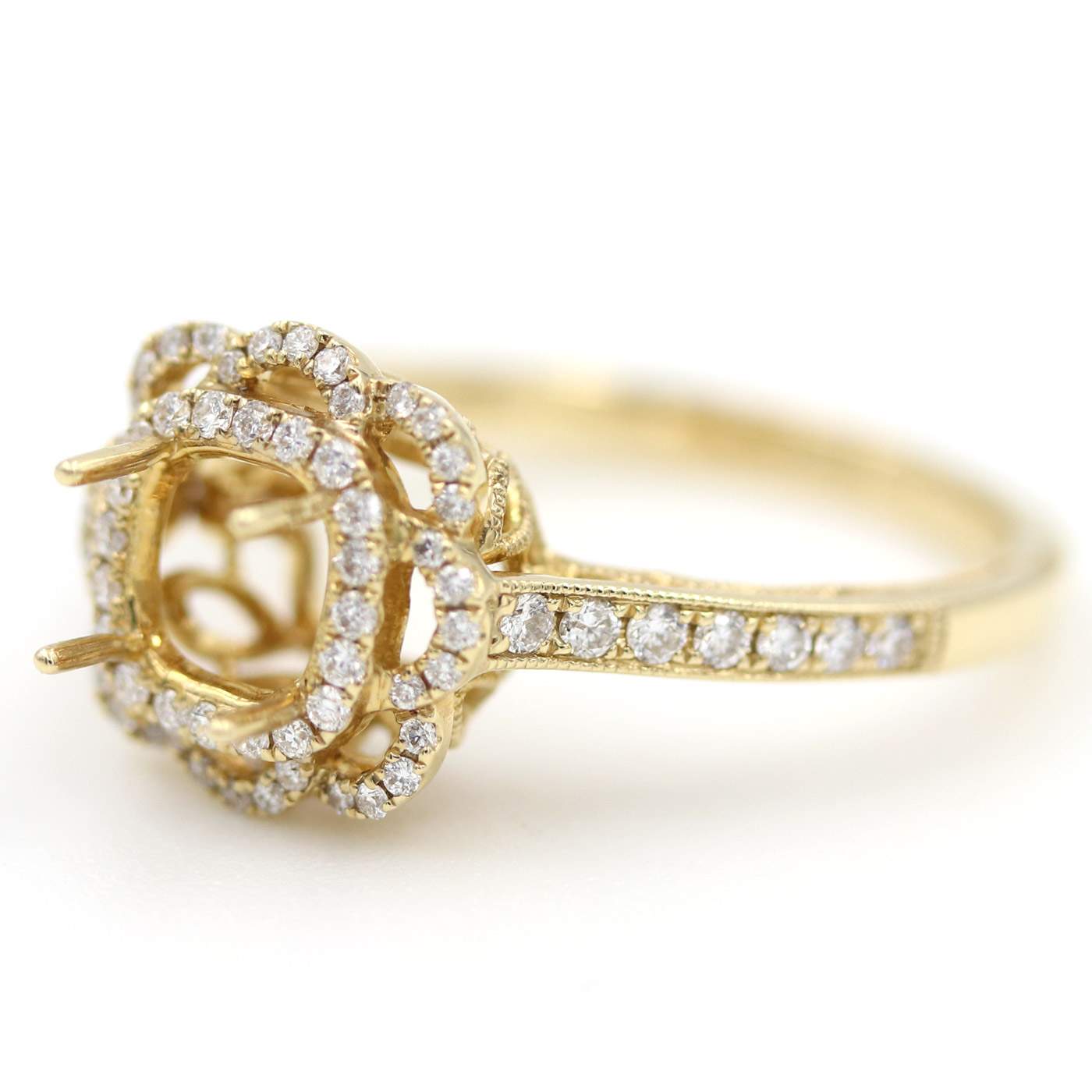 14K Yellow Gold Flower Style Halo Diamond Semi-Mount Ring