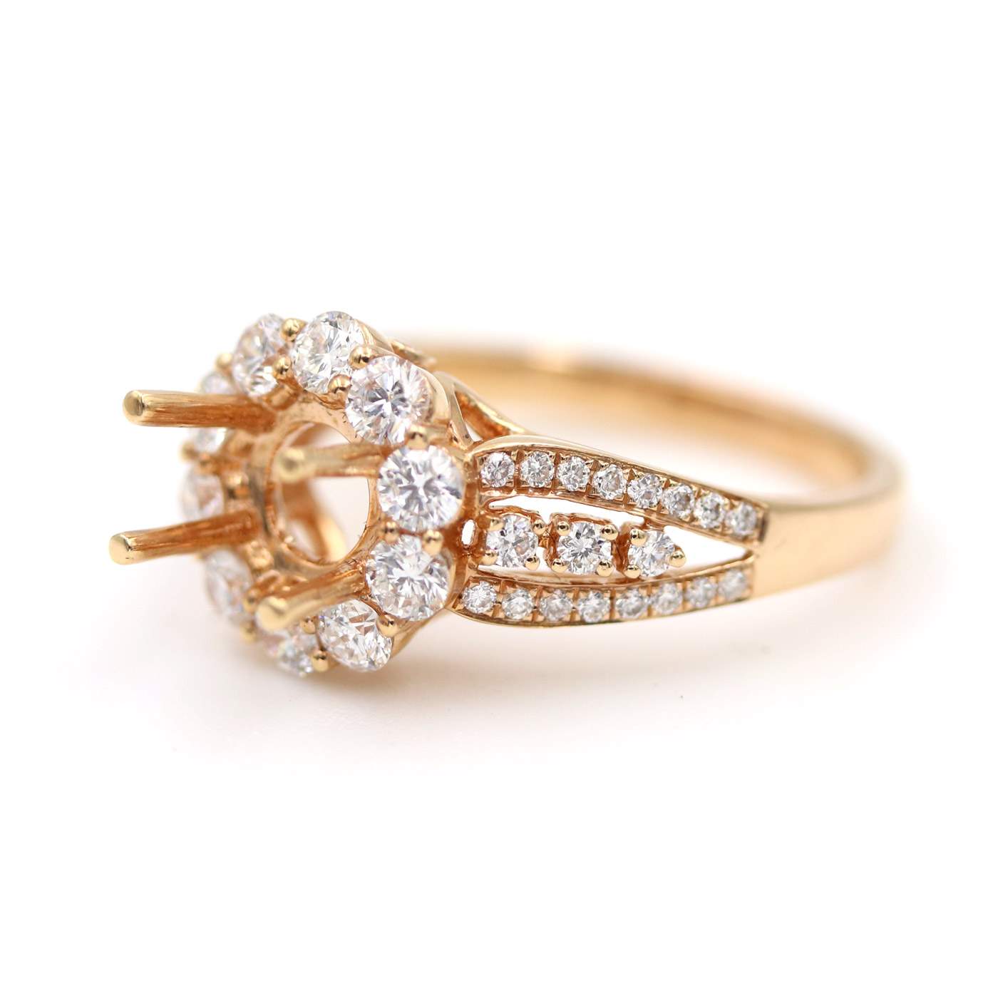 18K Rose Gold Split Shank Halo Diamond Semi-Mount Ring