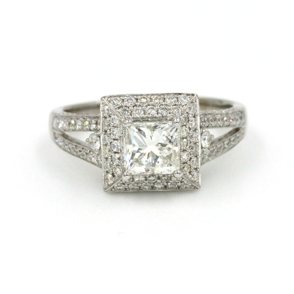 14K White Gold Princess Cut Halo Diamond Engagement Ring GIA 1.15Ct I/VS2