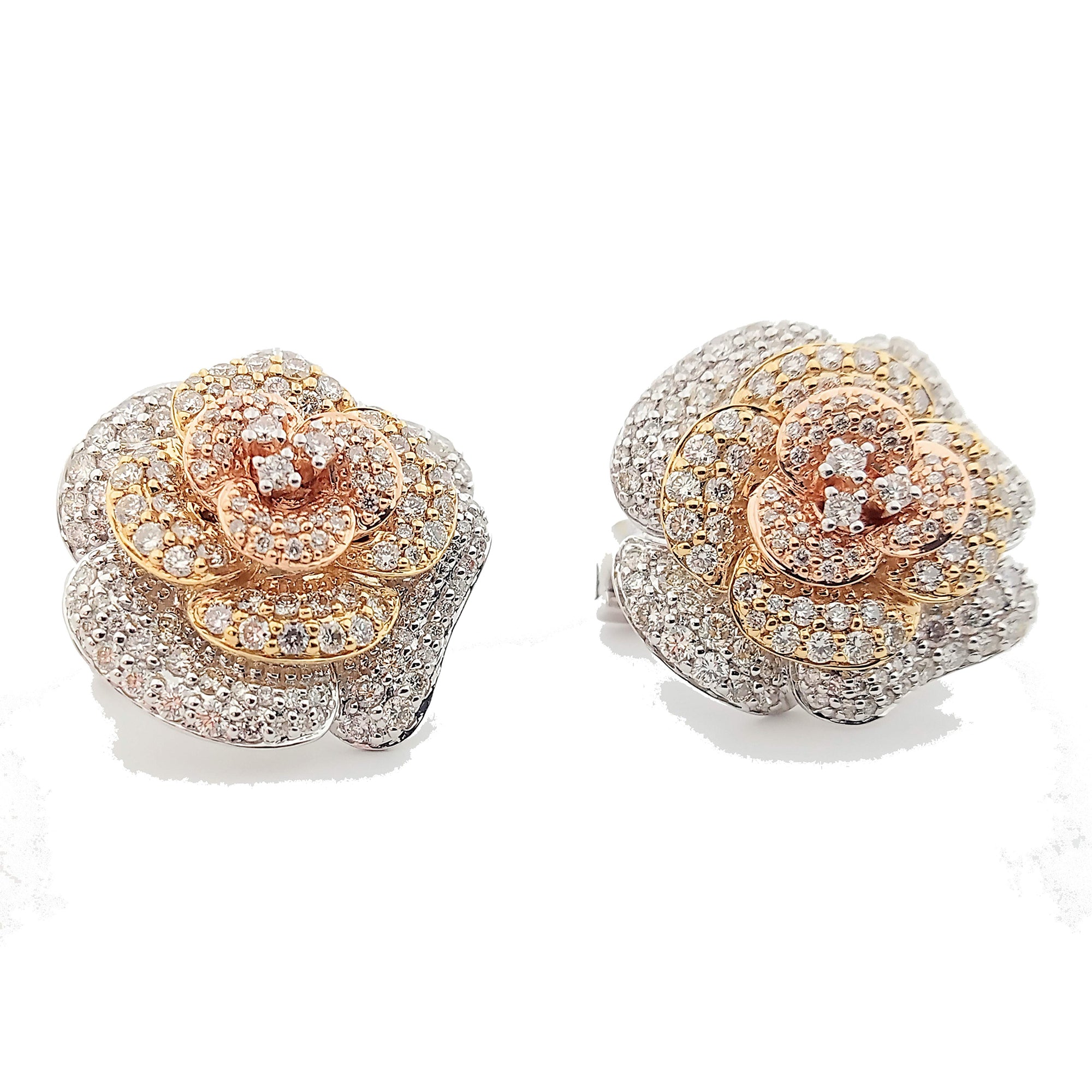 14K Tri Color Gold Rose Flower Diamond Earrings 4.50Ctw