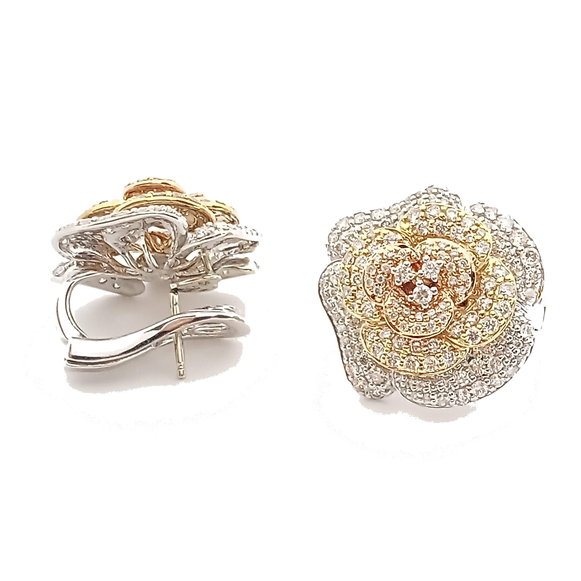 14K Tri Color Gold Rose Flower Diamond Earrings 4.50Ctw
