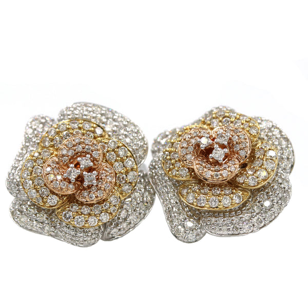 14K Tri Color Gold Rose Flower Diamond Earrings 4.50Ctw