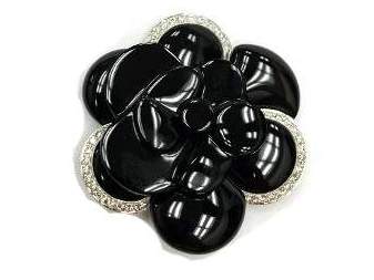 18K White Gold Black Onyx and Diamond Flower Pin Brooch