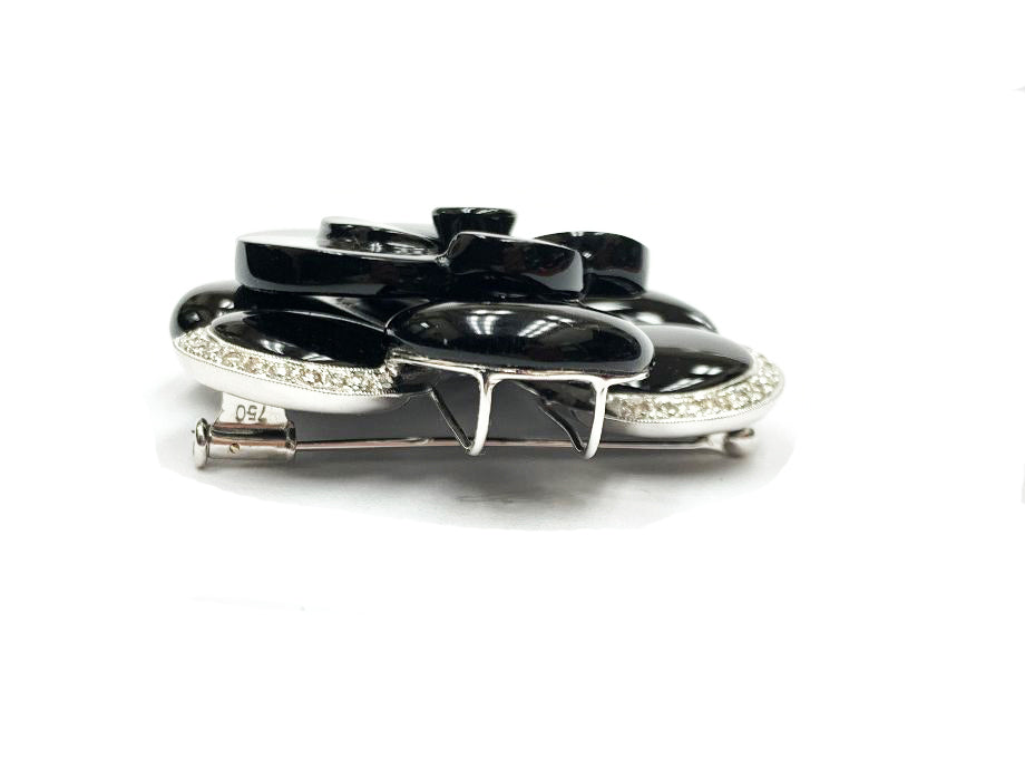 18K White Gold Black Onyx and Diamond Flower Pin Brooch