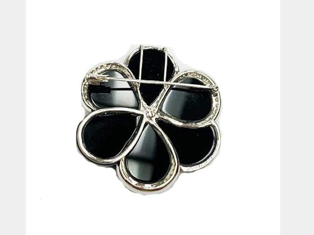 18K White Gold Black Onyx and Diamond Flower Pin Brooch