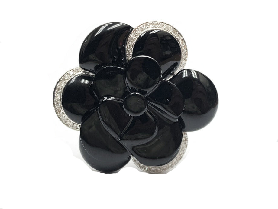 18K White Gold Black Onyx and Diamond Flower Pin Brooch