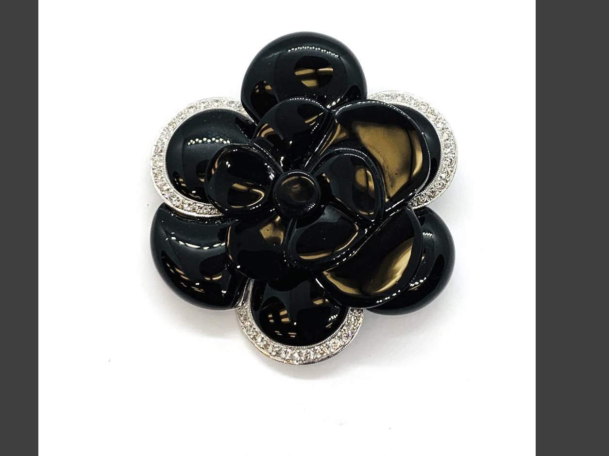 18K White Gold Black Onyx and Diamond Flower Pin Brooch