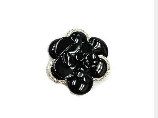18K White Gold Black Onyx and Diamond Flower Pin Brooch