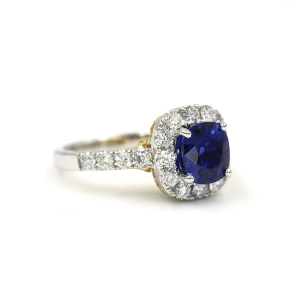 18K Two-Tone Gold Cushion Cut Sapphire & Diamond Halo Ring