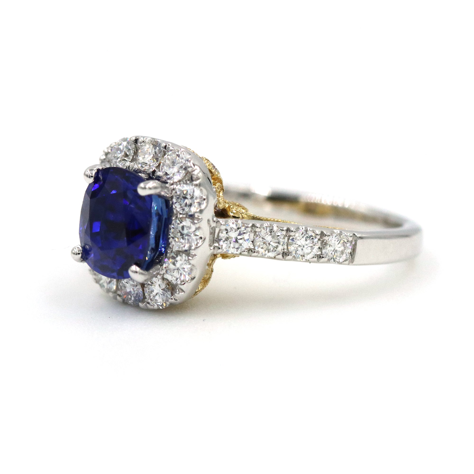18K Two-Tone Gold Cushion Cut Sapphire & Diamond Halo Ring