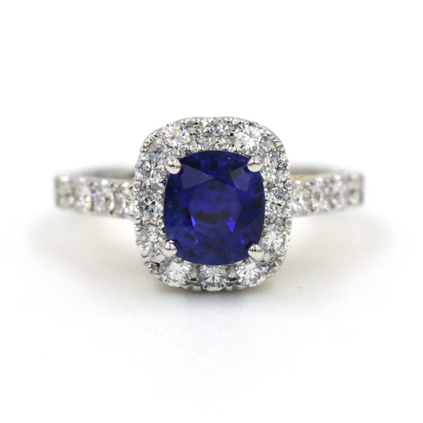 18K Two-Tone Gold Cushion Cut Sapphire & Diamond Halo Ring