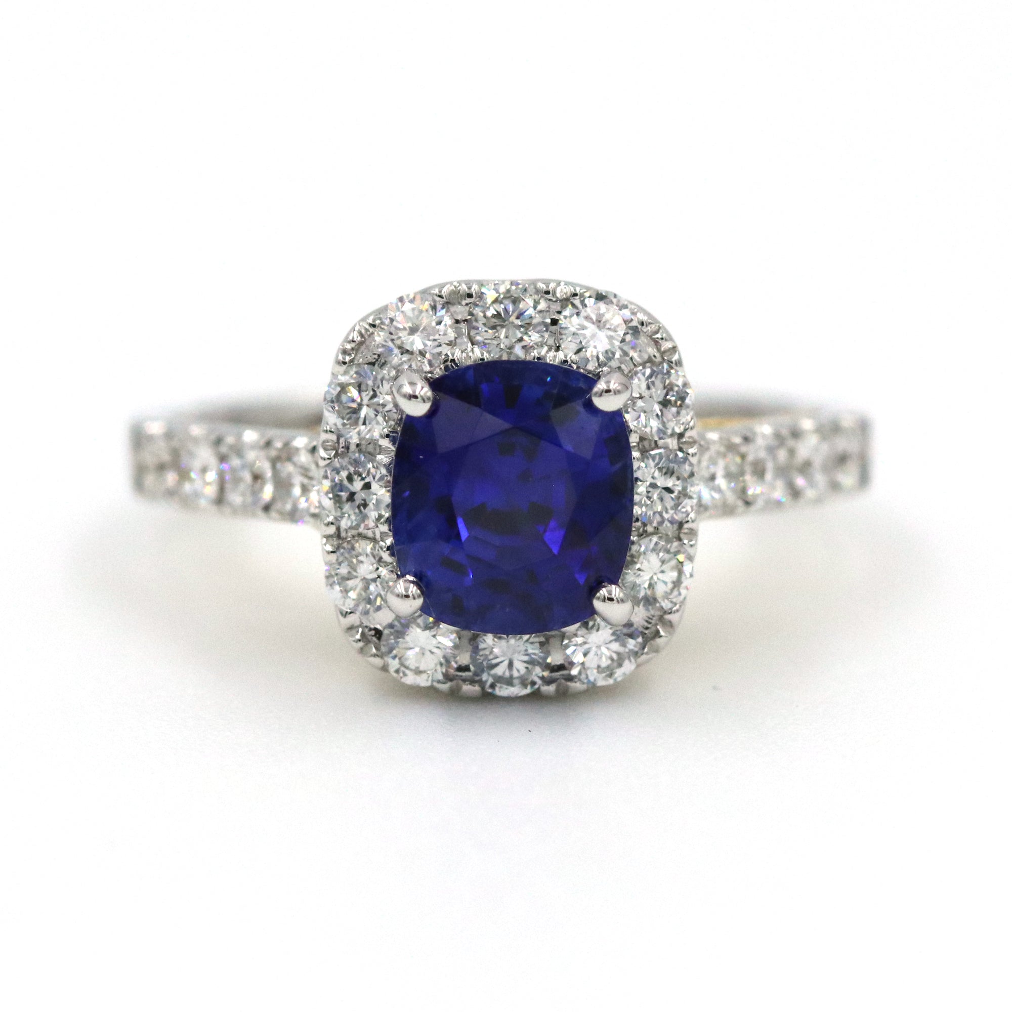 18K Two-Tone Gold Cushion Cut Sapphire & Diamond Halo Ring