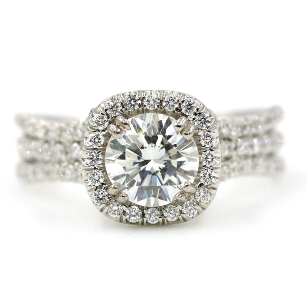 14K White Gold Unique Triple Shank Diamond Halo Ring 1D=1.01ct (G/VS2 GIA) Center D=.63Ctw - Provident Jewelry