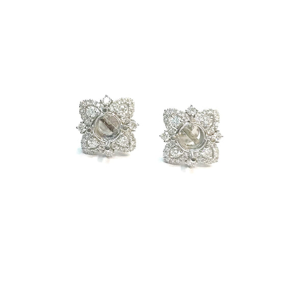14K White Gold Diamond Flower Style Semi-Mount Earrings