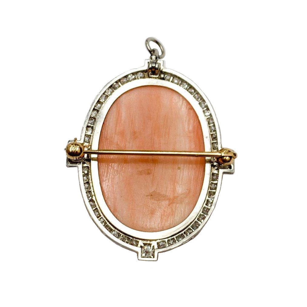 Vintage Platinum and 18kt Gold Pink Coral Cameo Pin Pendant