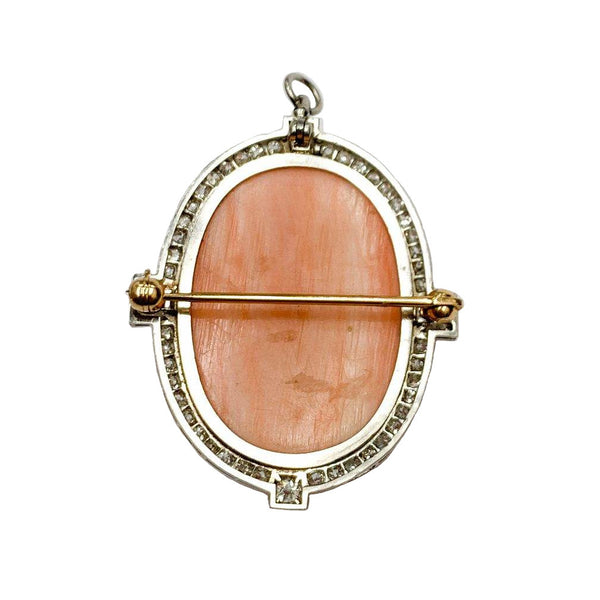 Exquisite Platinum And 18K Yellow Gold  Vintage Old Mine Cut Diamond Pink Coral Cameo Pin/Pendant