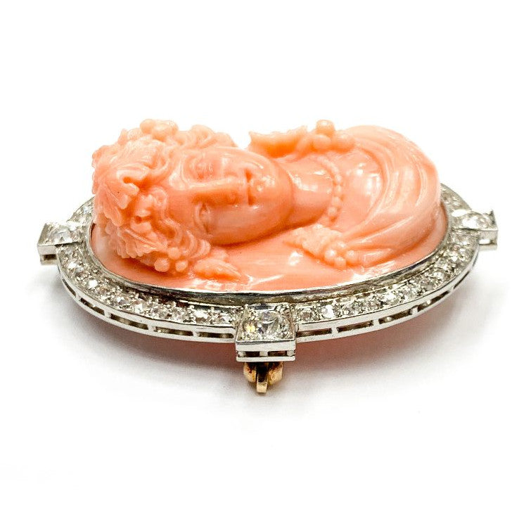 Vintage Platinum and 18kt Gold Pink Coral Cameo Pin Pendant