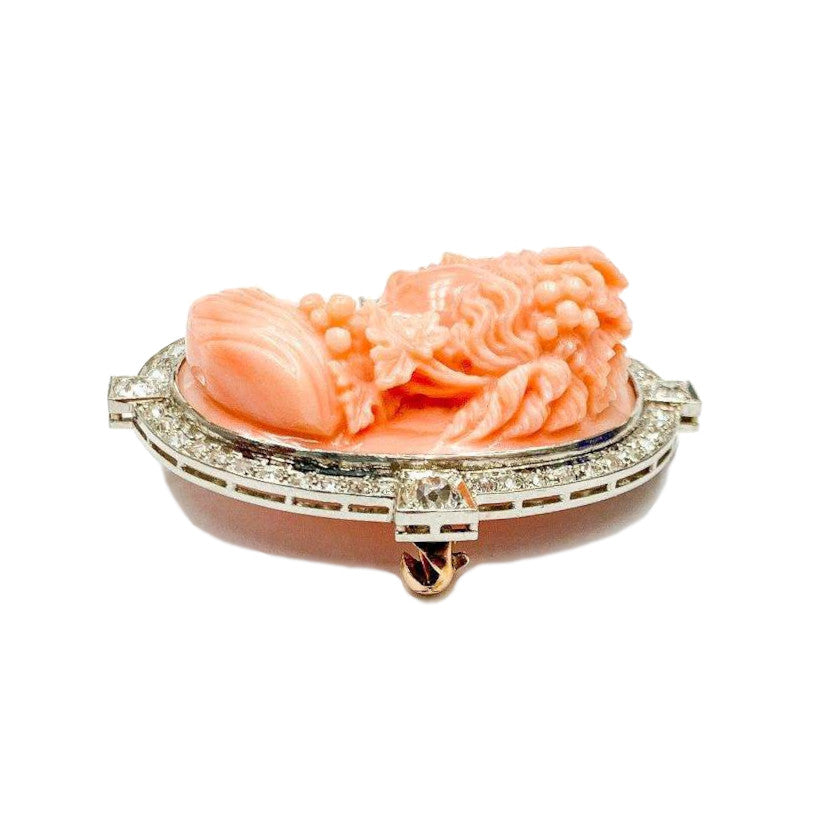Vintage Platinum and 18kt Gold Pink Coral Cameo Pin Pendant