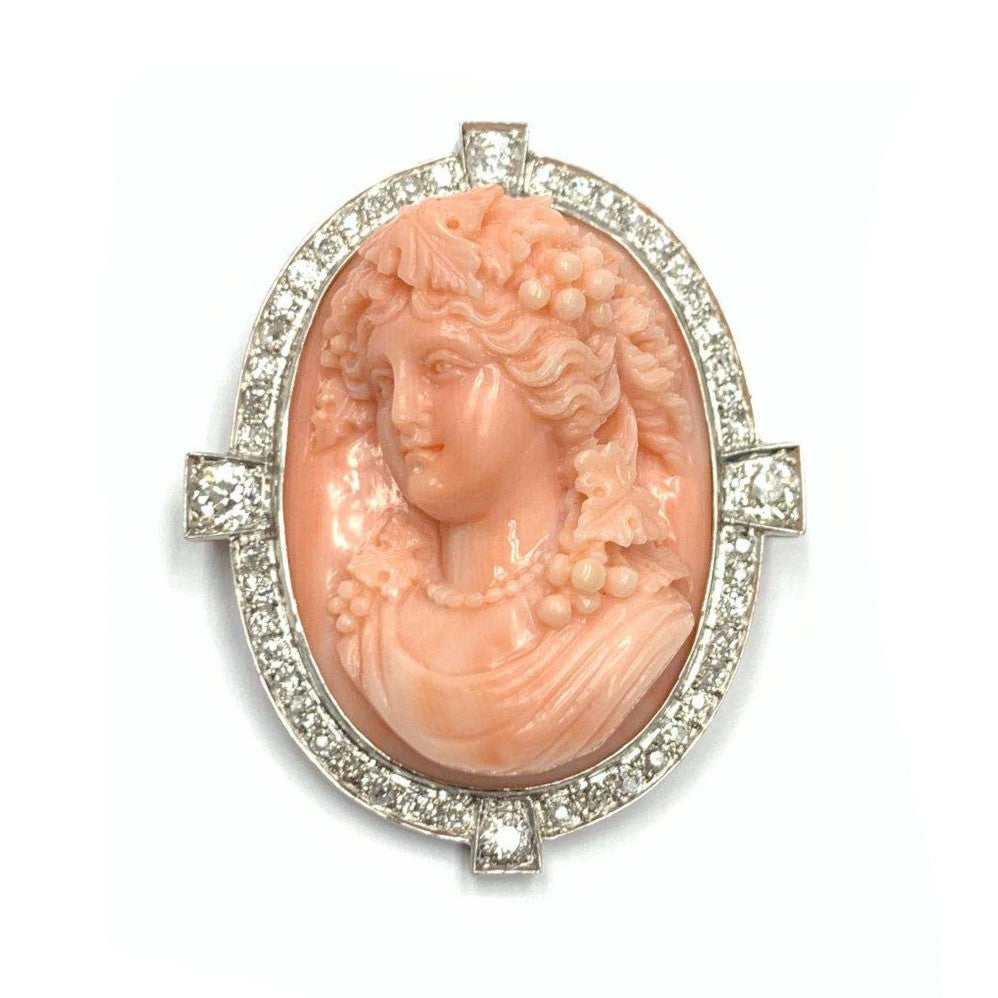 Vintage Platinum and 18kt Gold Pink Coral Cameo Pin Pendant